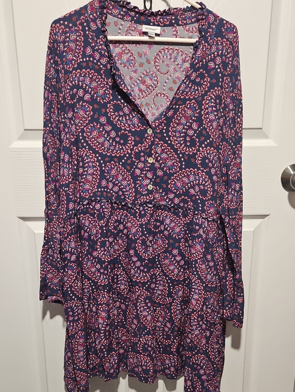 Avenue Navy Paisley V-Neck Dress with Pink Accents